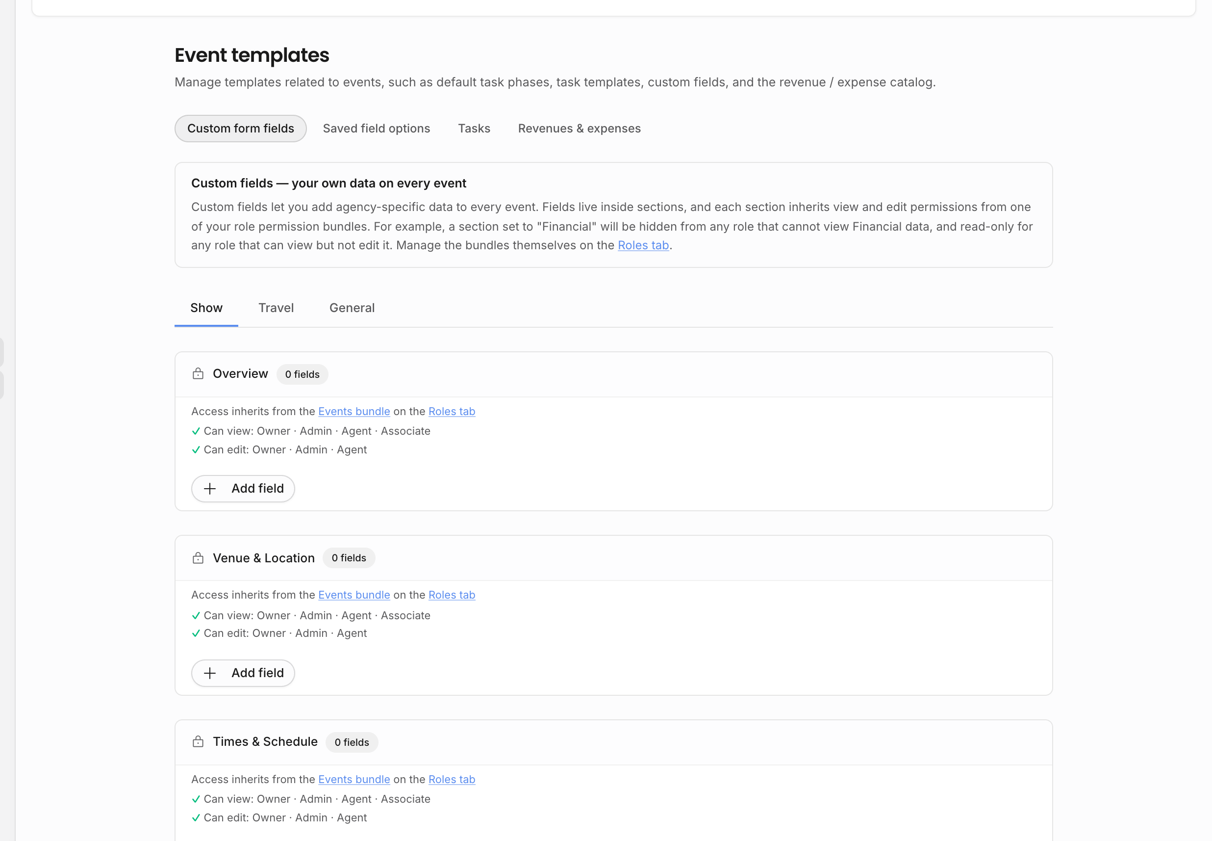 Event template settings with configurable event workflow options
