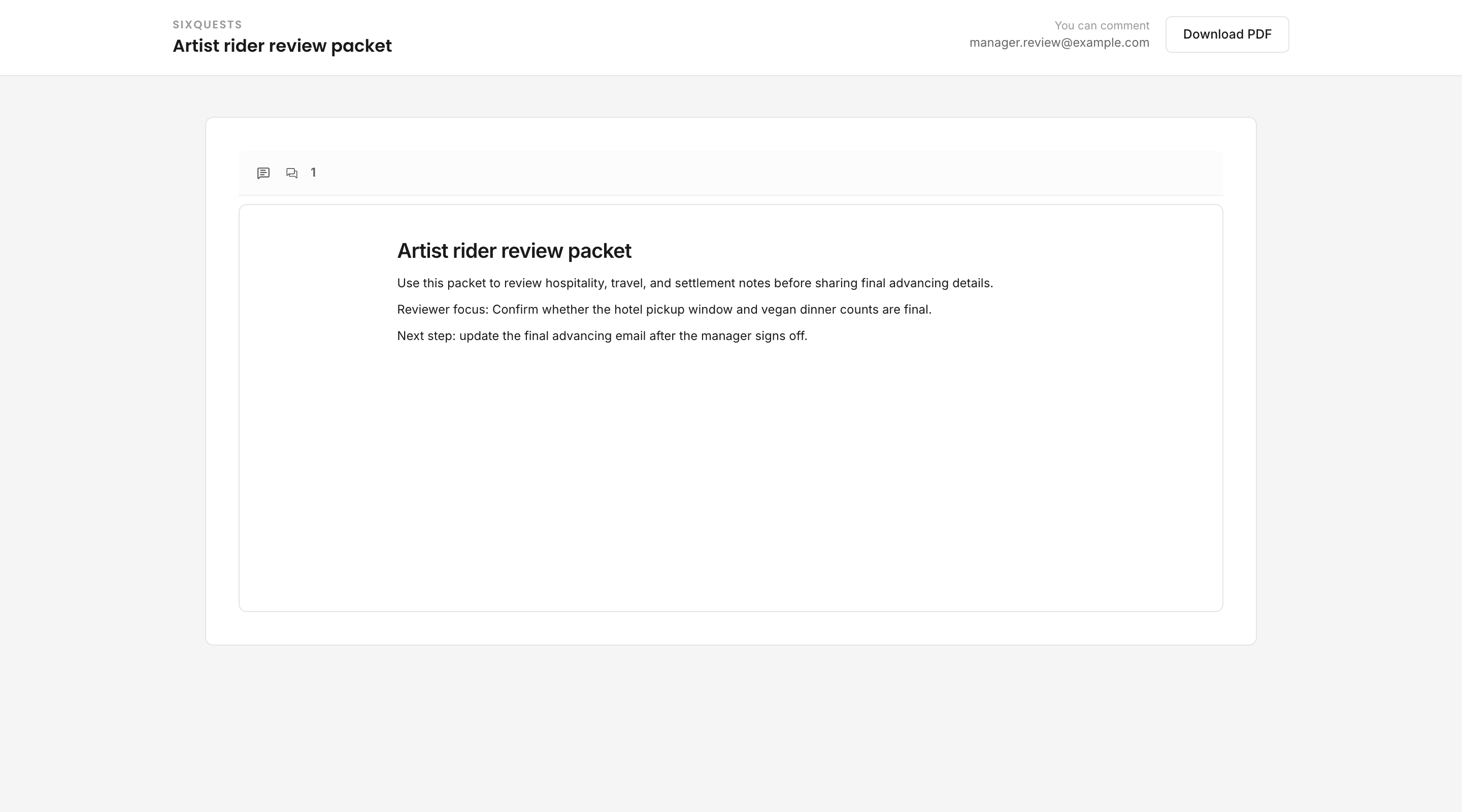 External document review portal showing the reviewer email, comment access, PDF download, and document body