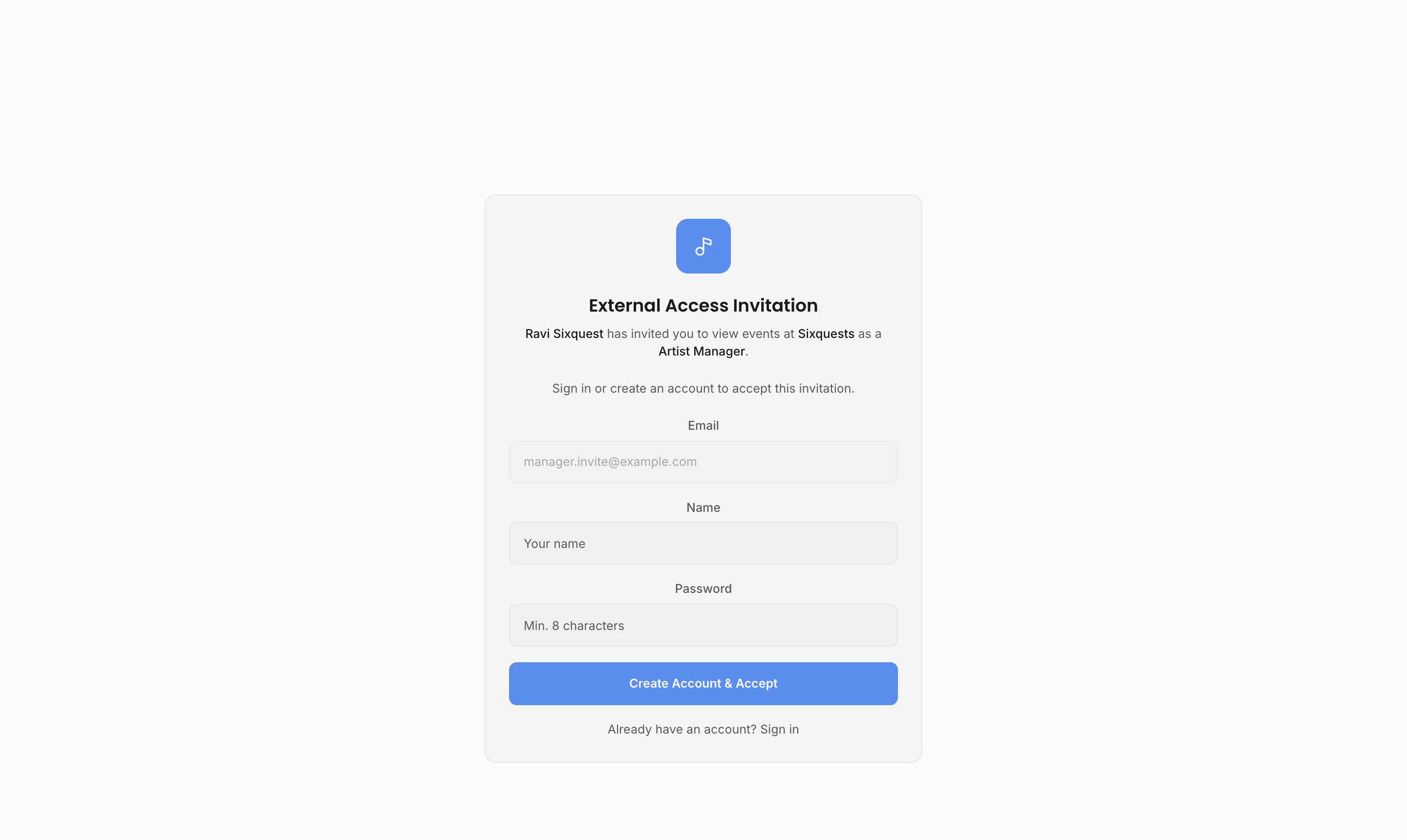 External access invitation page with invited email, name, password, and create account accept controls
