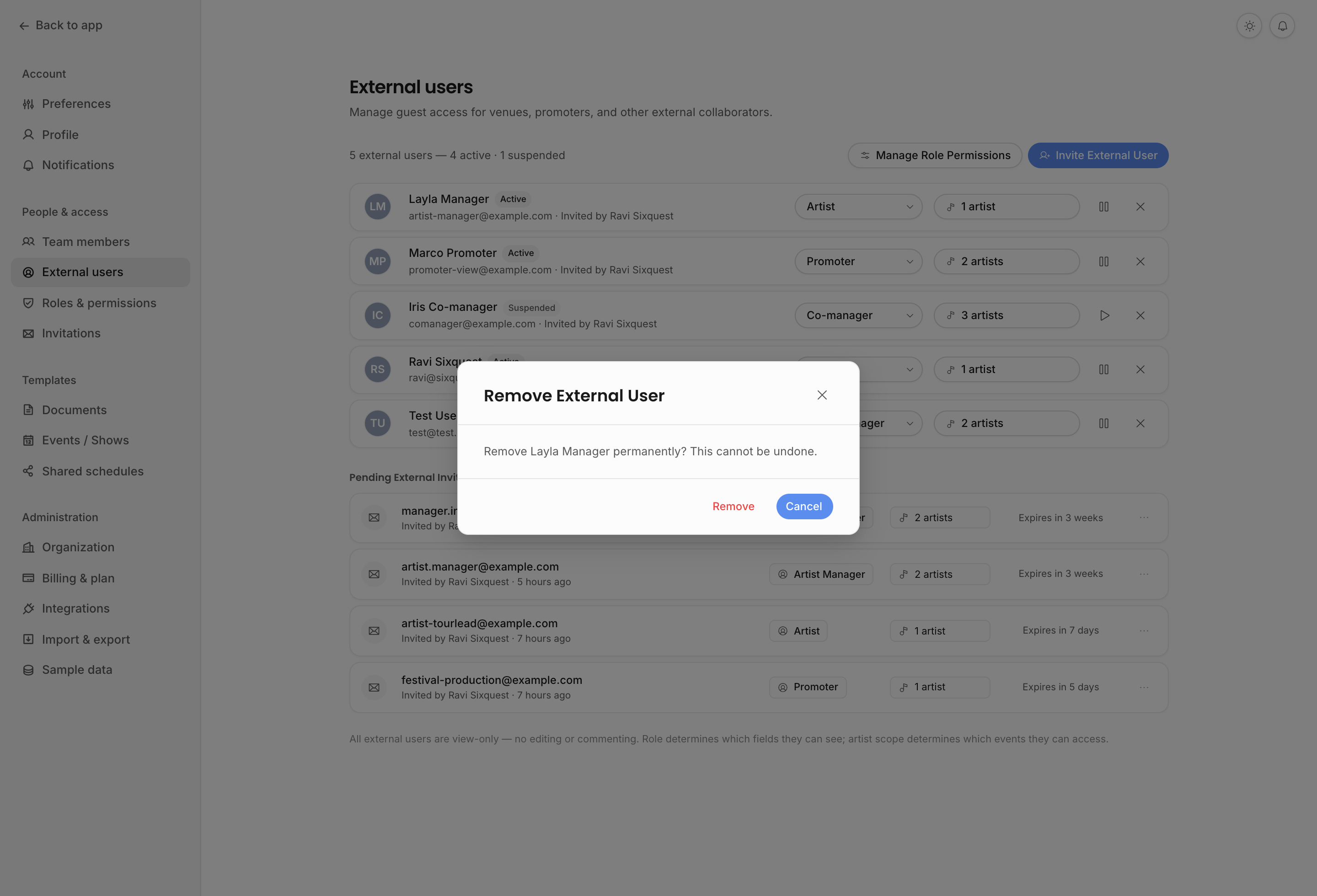 Remove External User confirmation dialog over the External users settings page
