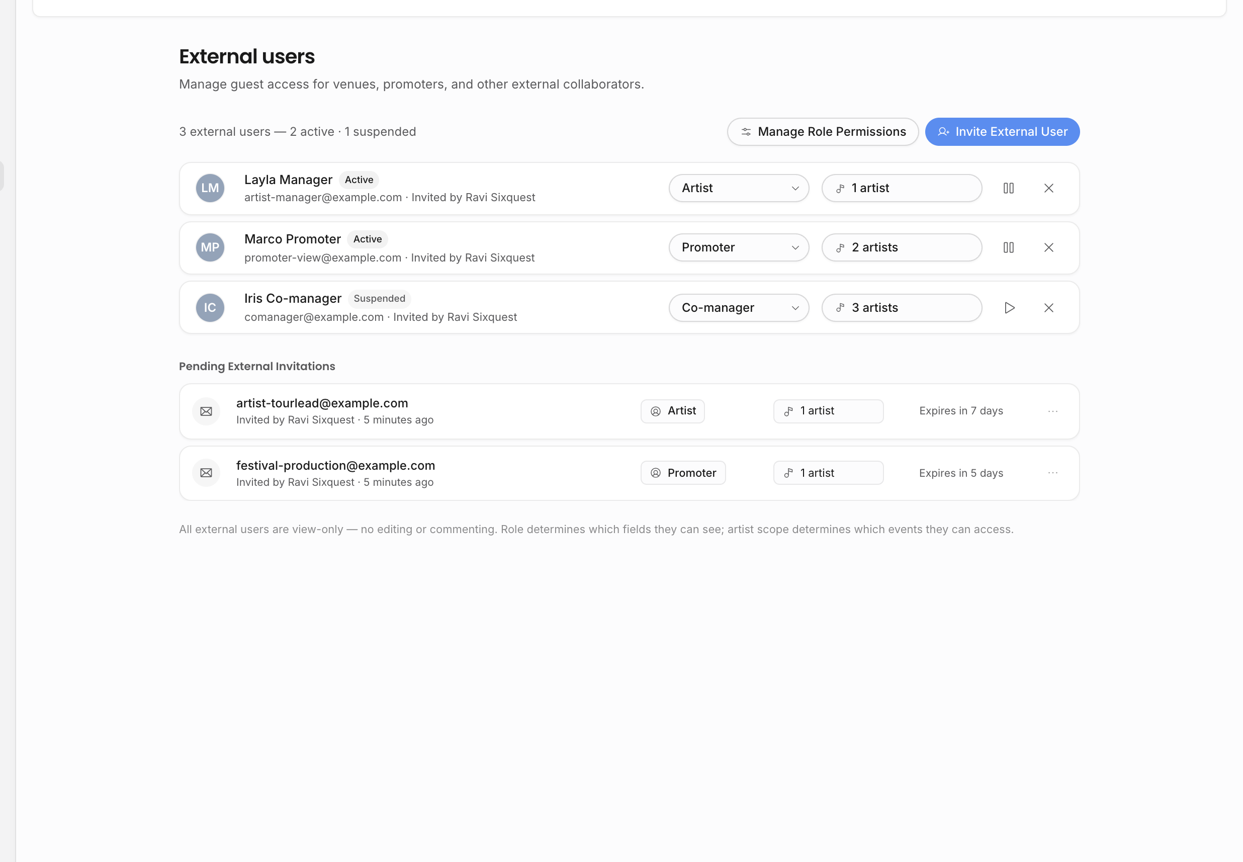 External users settings page with invite and role permission controls
