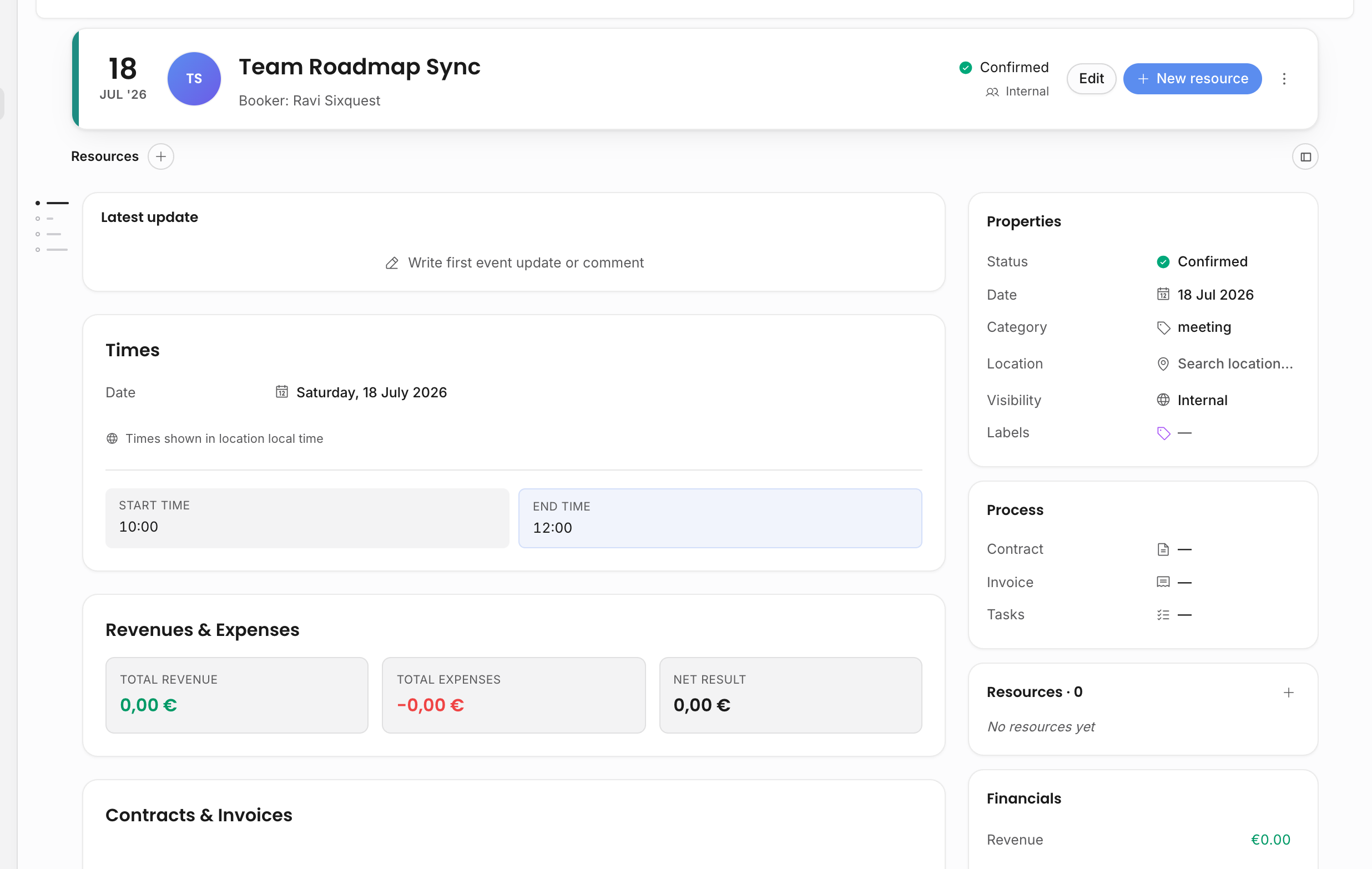 General event detail page with times, category, location, visibility, resources, and process state