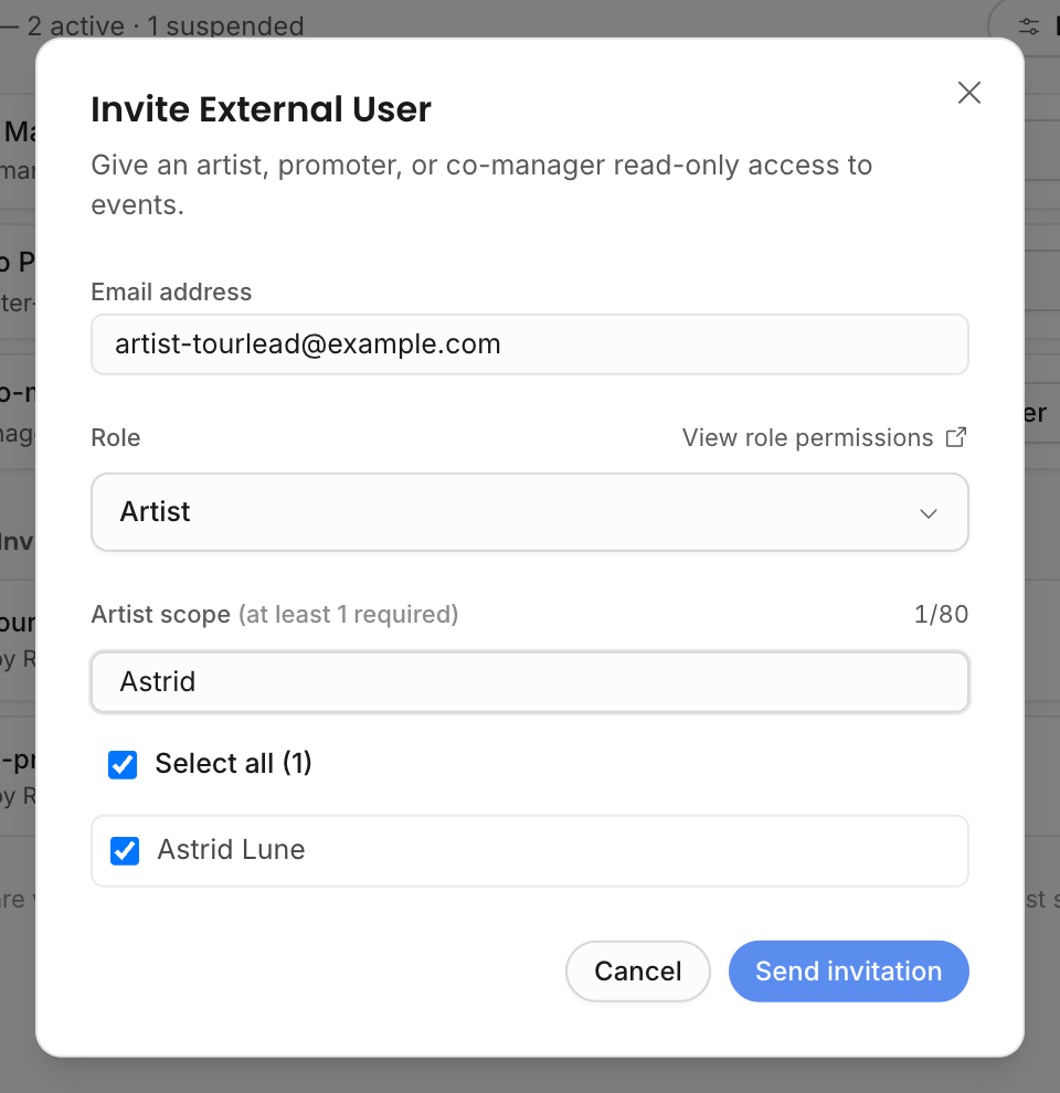 Invite External User dialog with email, role, and artist scope controls