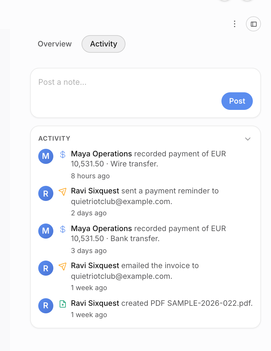 Invoice Activity tab with PDF creation, invoice email, payment reminder, and two recorded payment entries