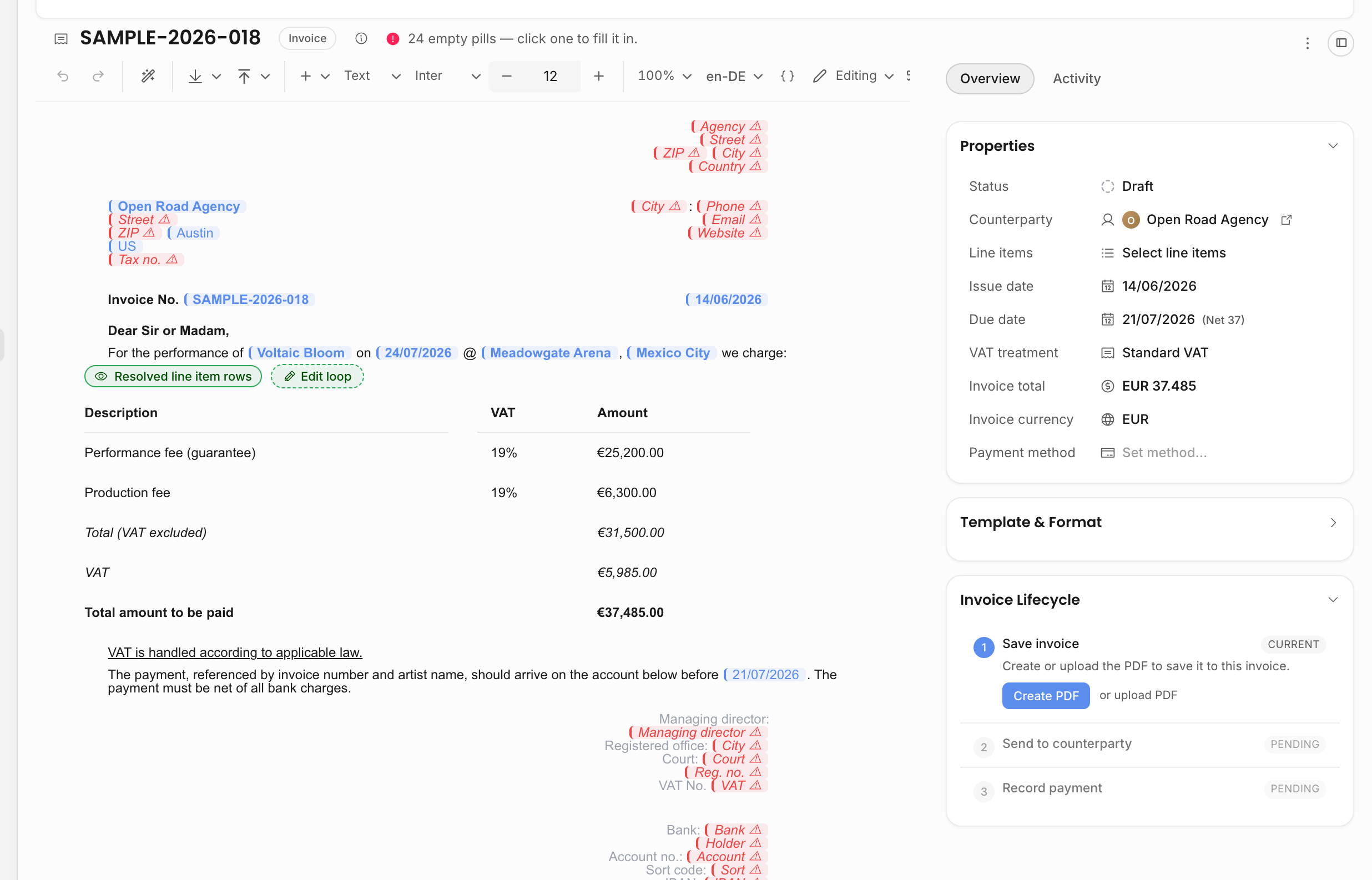 Invoice document with live pills, properties, selected line items, total, due date, and lifecycle rail
