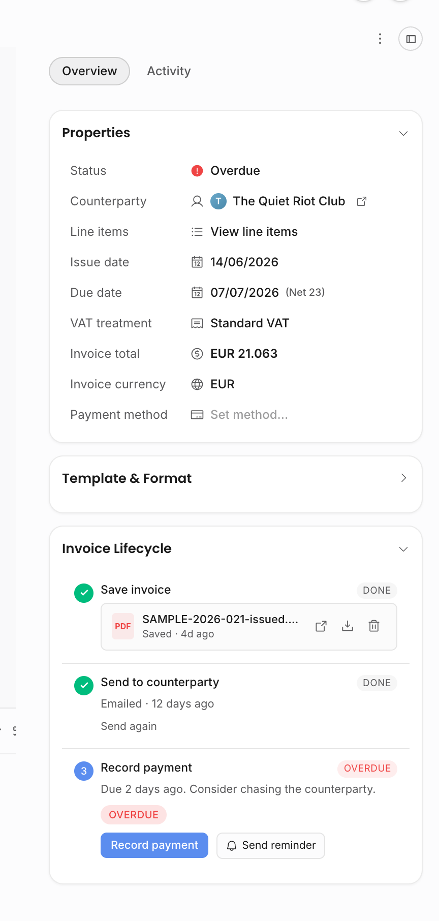 Invoice lifecycle rail showing an overdue invoice with Record payment and Send reminder actions