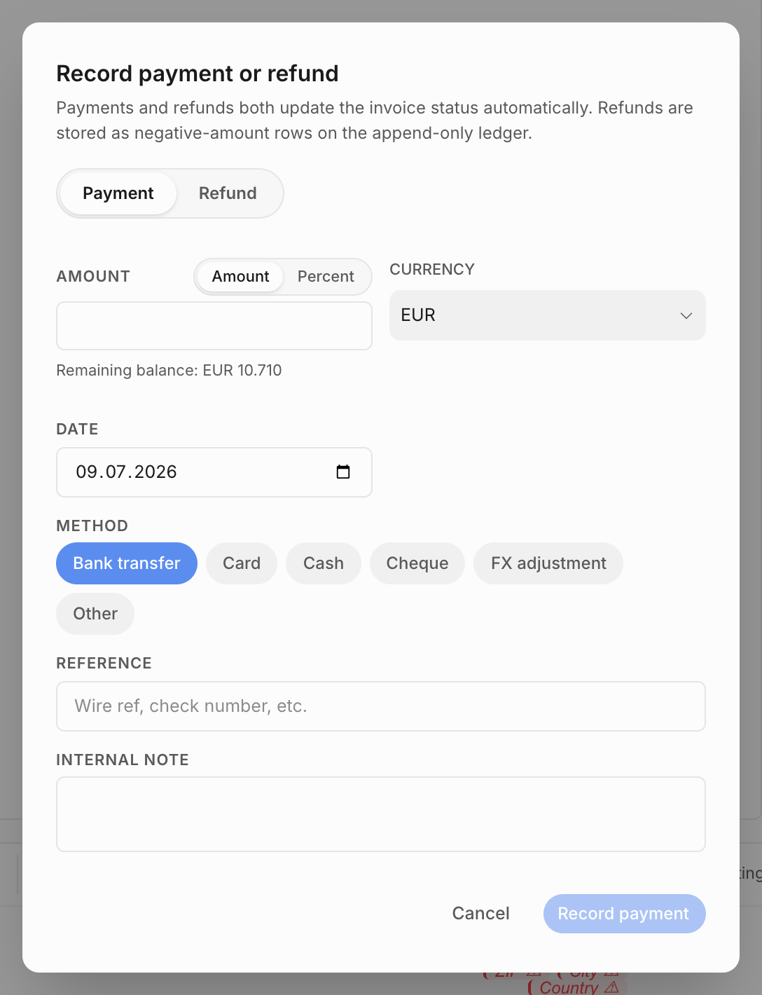 Record payment or refund dialog with amount, currency, date, method, reference, and internal note