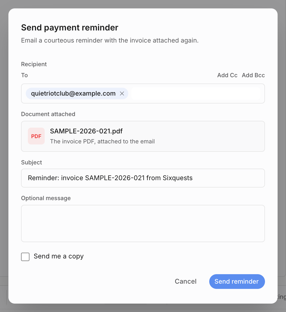 Send payment reminder dialog with recipient chip, attached invoice PDF, default reminder subject, optional message, copy checkbox, and Send reminder button
