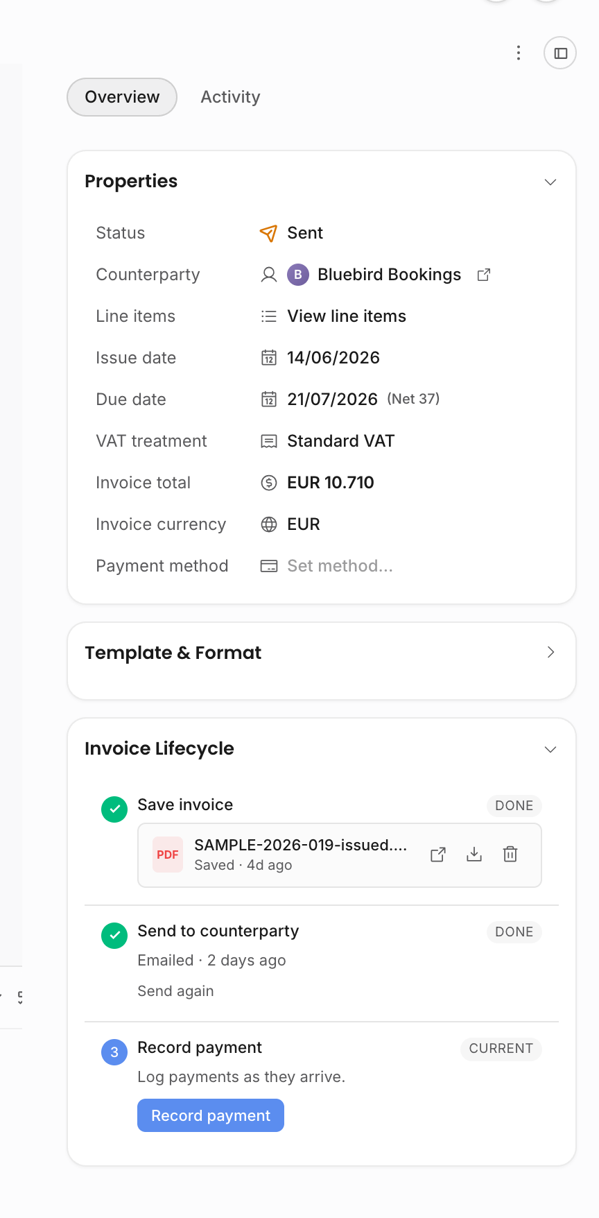 Invoice lifecycle rail with saved PDF, sent email step, and Record payment as the current step