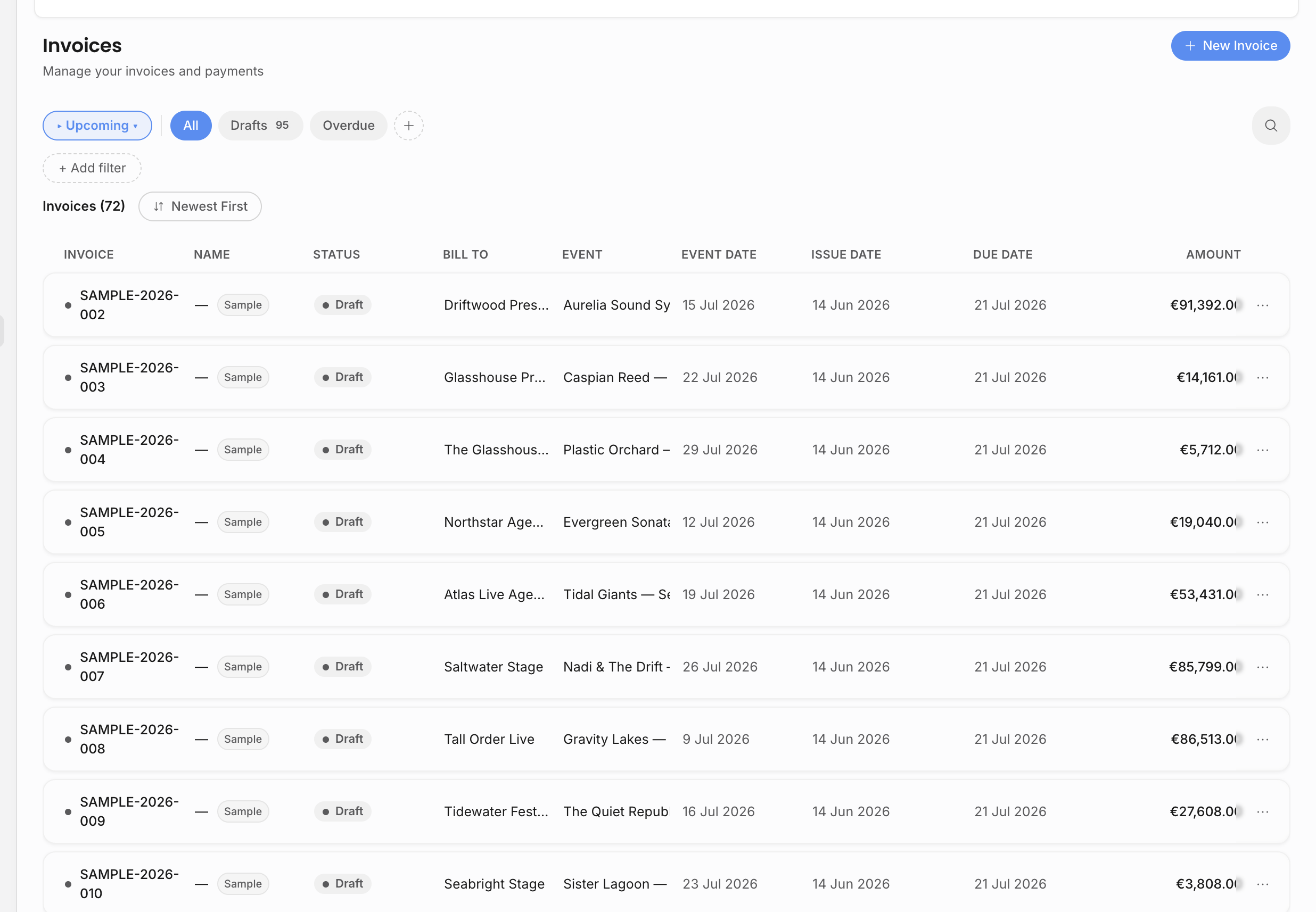 Invoices list with status filters, due dates, counterparties, linked shows, and totals