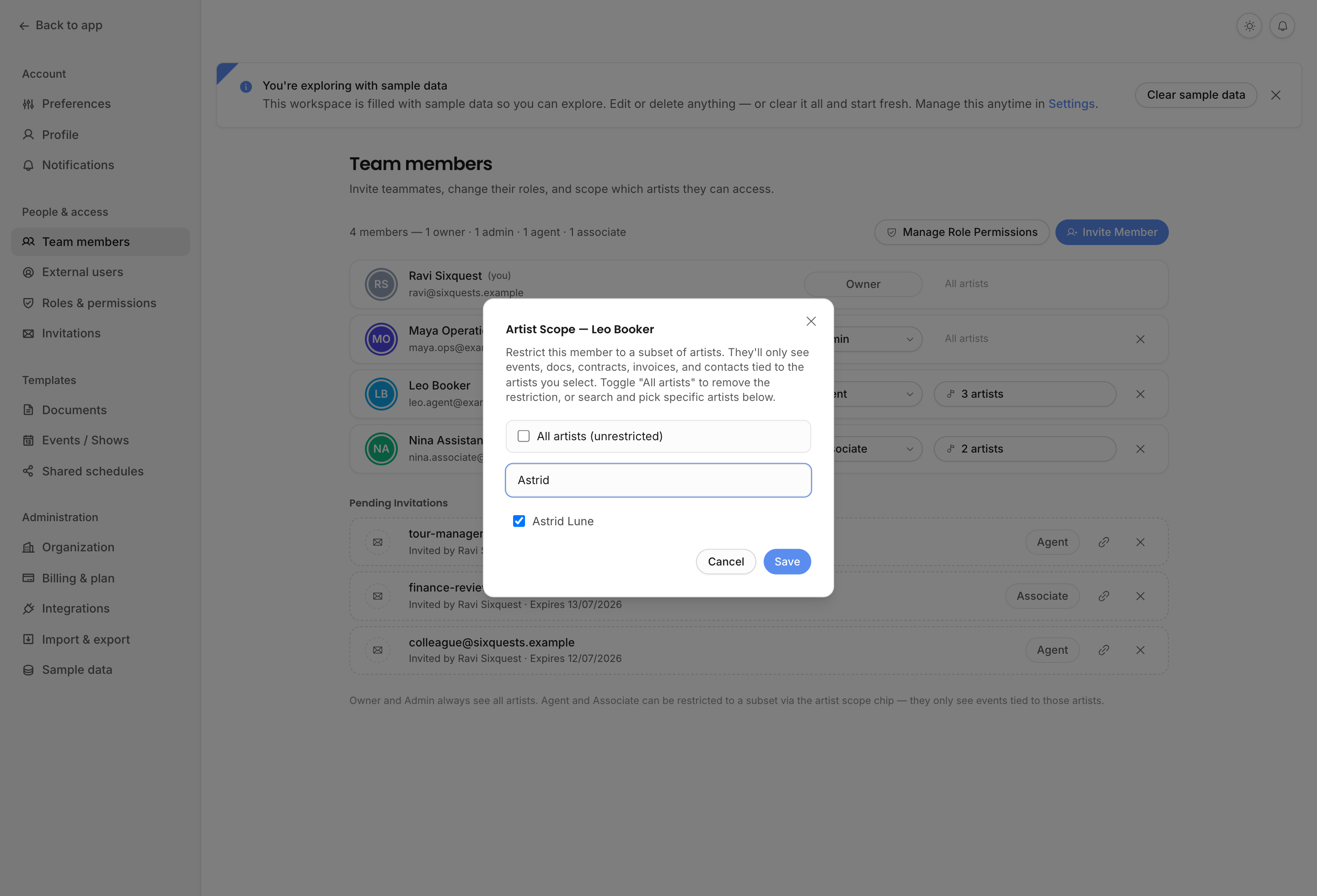 Artist Scope dialog for a team member with selected artist access