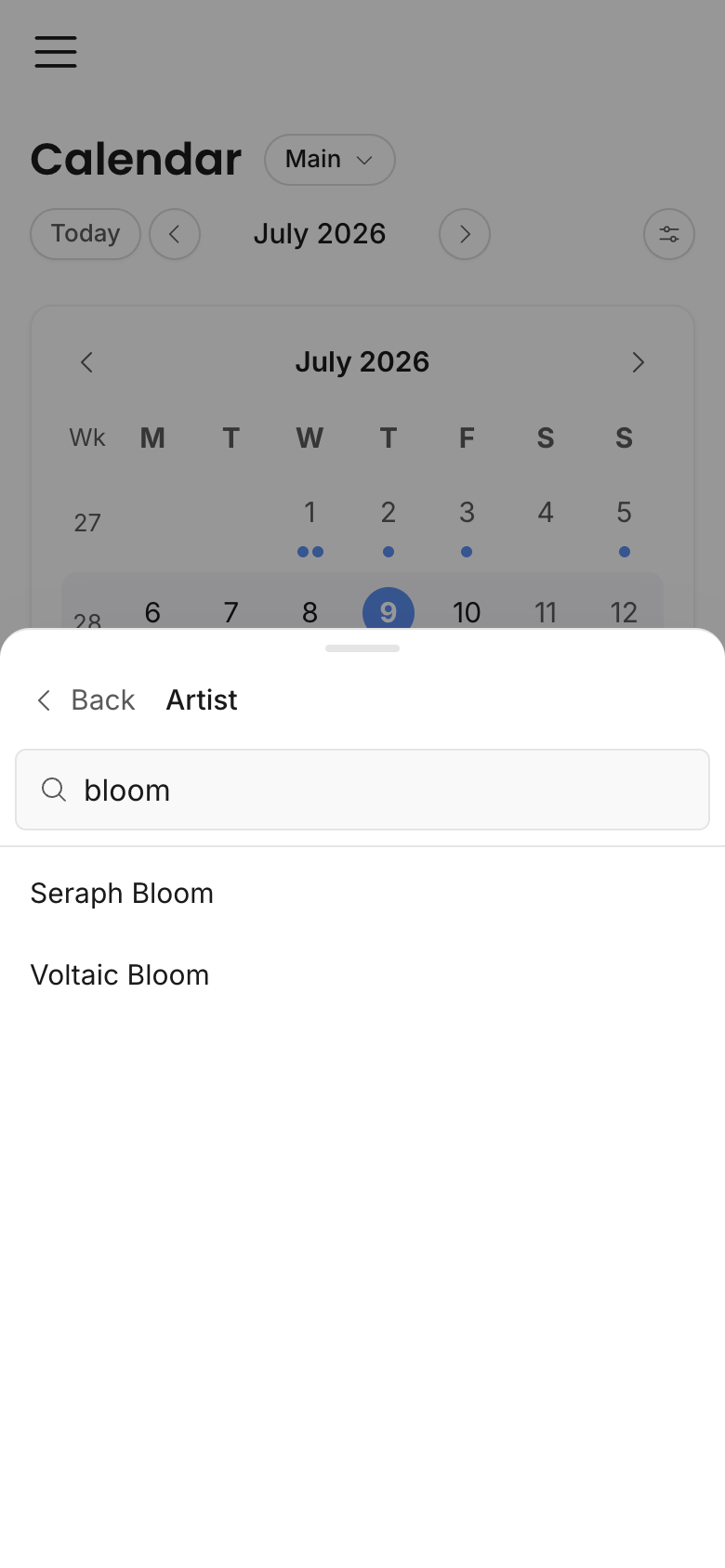 Mobile Calendar Artist filter sheet with a search for bloom showing Seraph Bloom and Voltaic Bloom