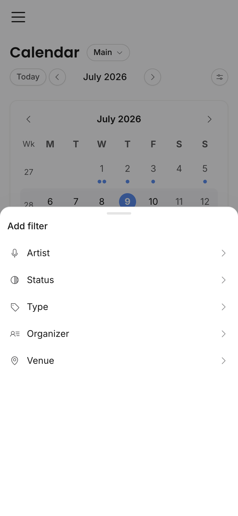 Mobile Calendar Add filter sheet with Artist, Status, Type, Organizer, and Venue filter categories