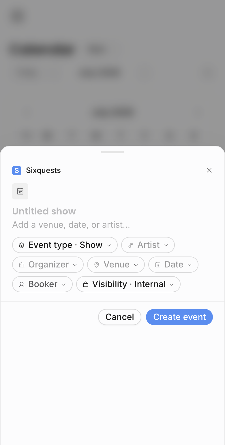 Mobile create event sheet set to Event type Show with artist, organizer, venue, date, booker, and visibility pills