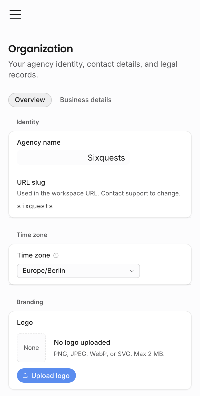 Organization overview settings on a small mobile viewport