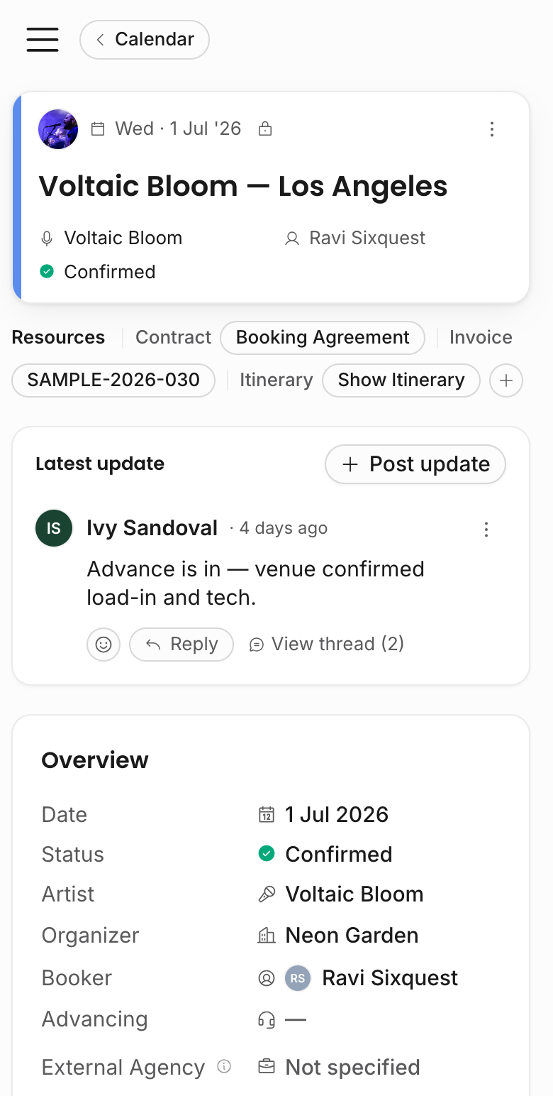 Mobile show detail page with the show header, resource pills, latest update, and overview fields