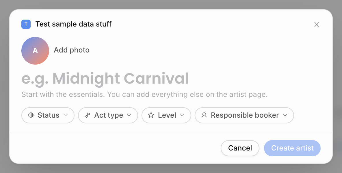 Create artist modal with photo, artist name, status, act type, level, and responsible booker controls