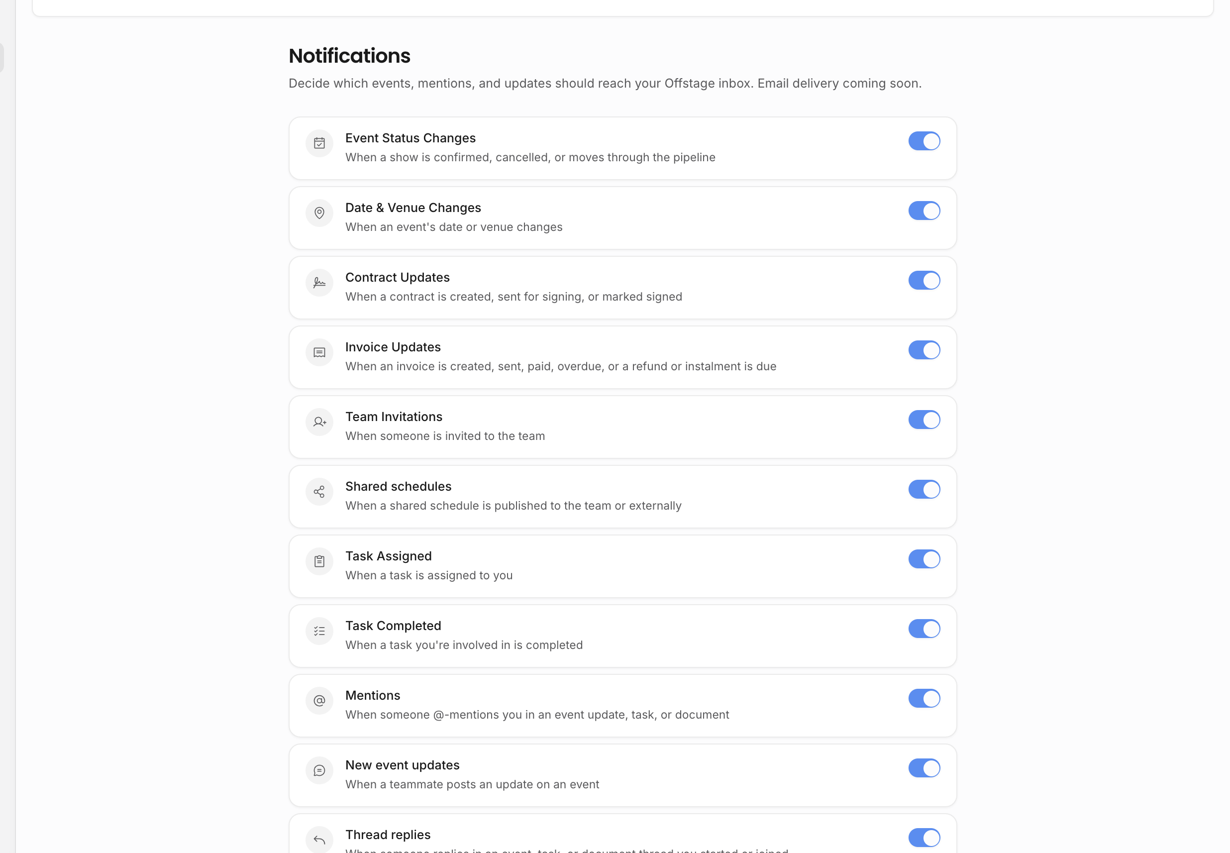 Notification settings grouped by workspace activity areas