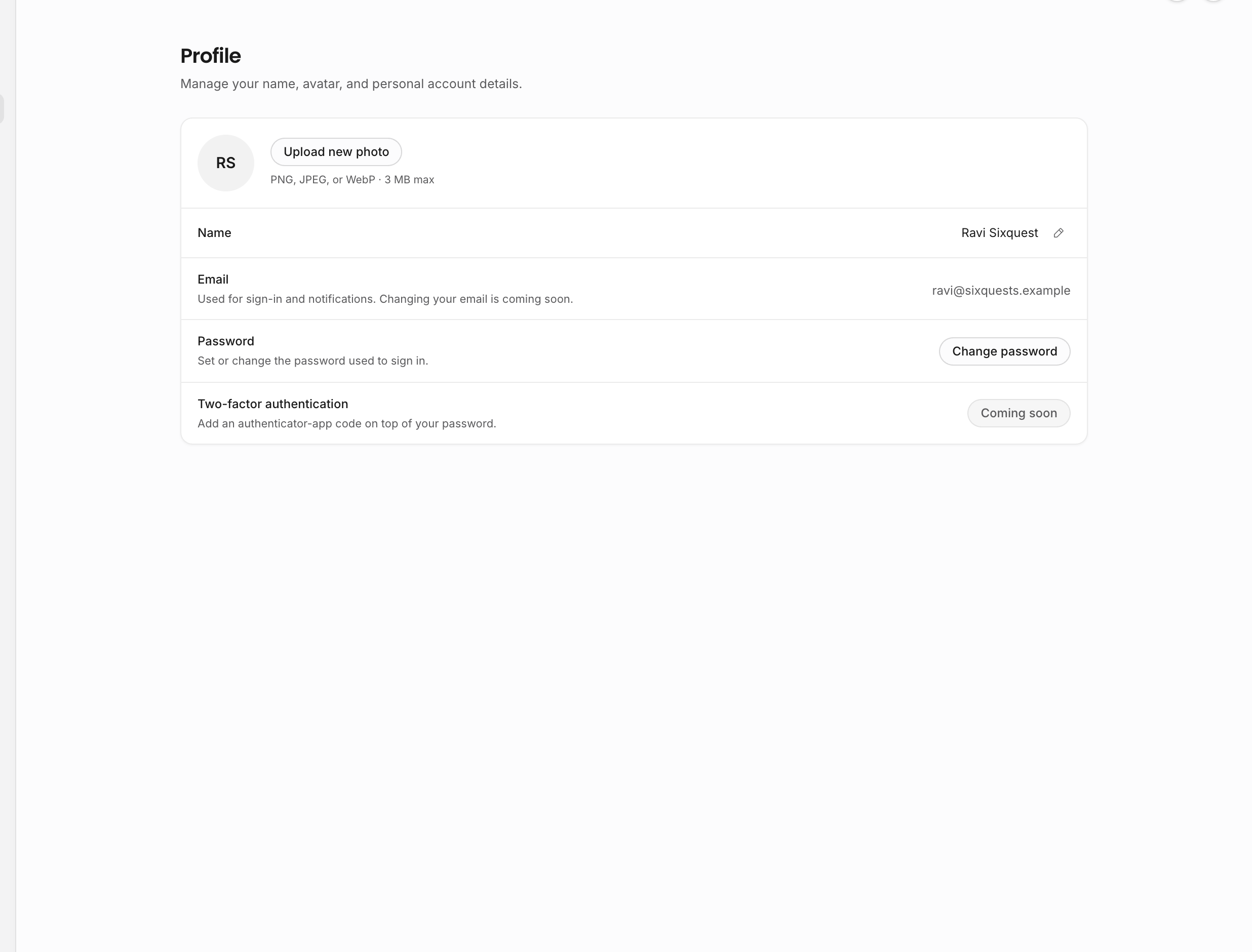 Profile settings with avatar controls, name, email, password, and two-factor row
