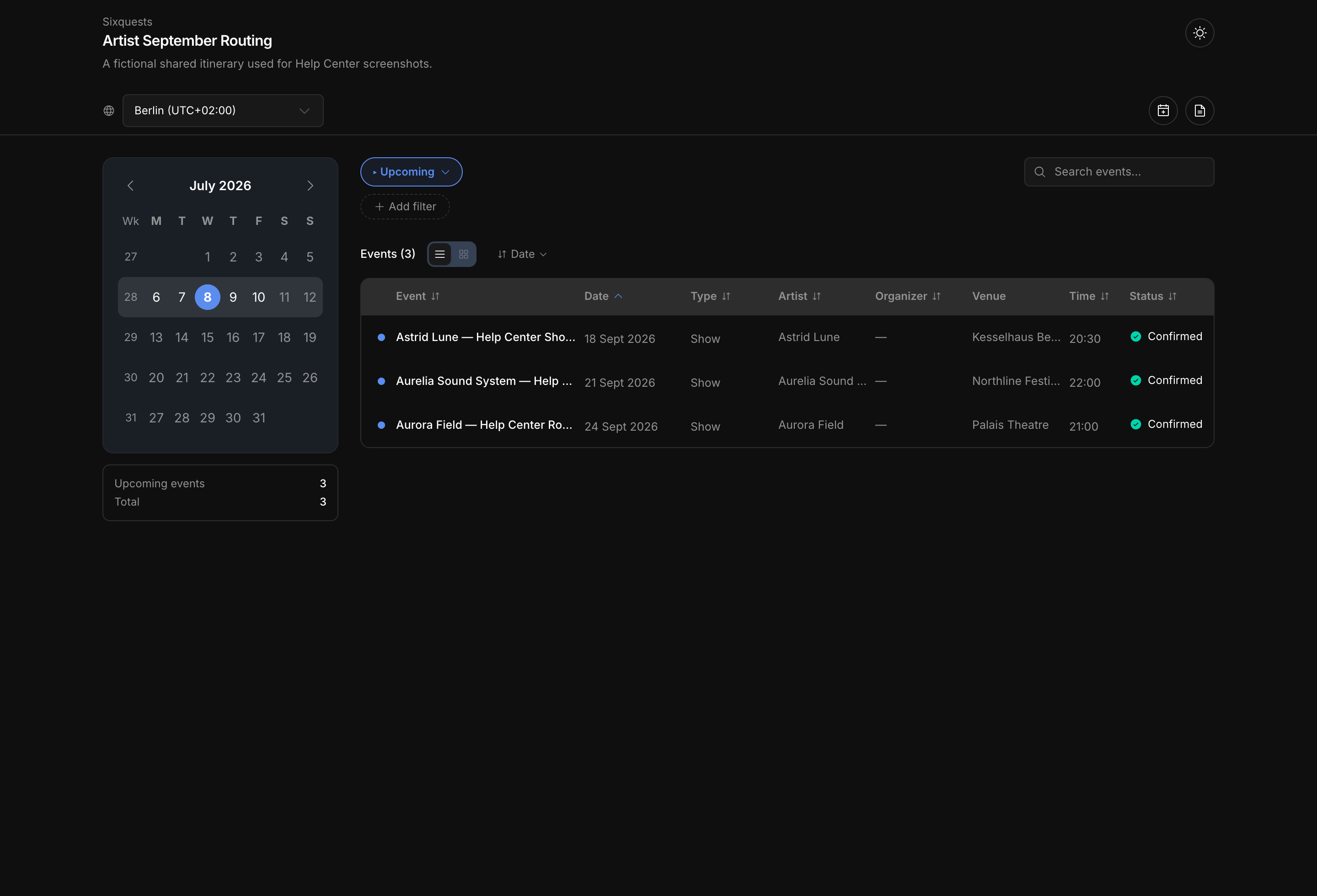 Public shared schedule recipient view with event table, search, filters, timezone, download, and subscription controls