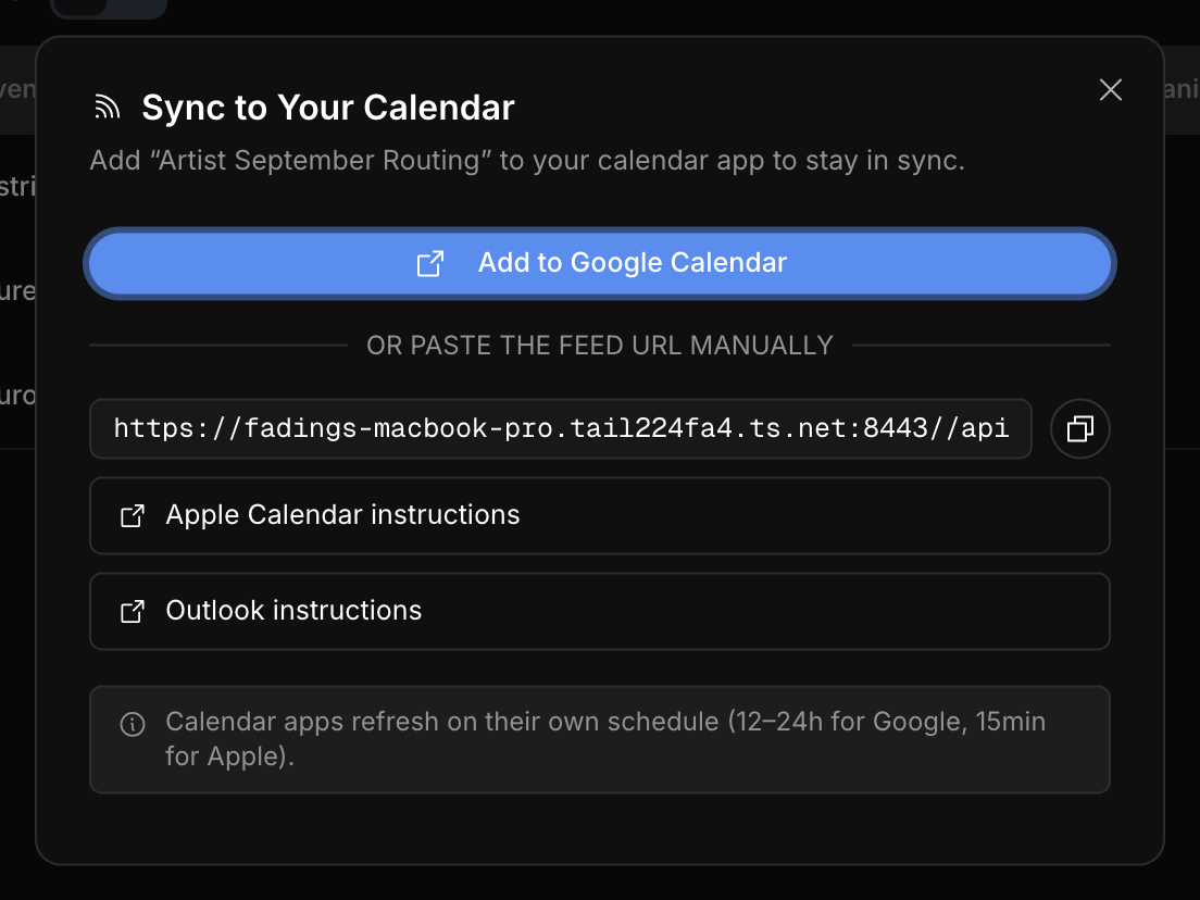 Shared schedule calendar subscription dialog with Google Calendar, copyable feed URL, Apple Calendar, and Outlook options