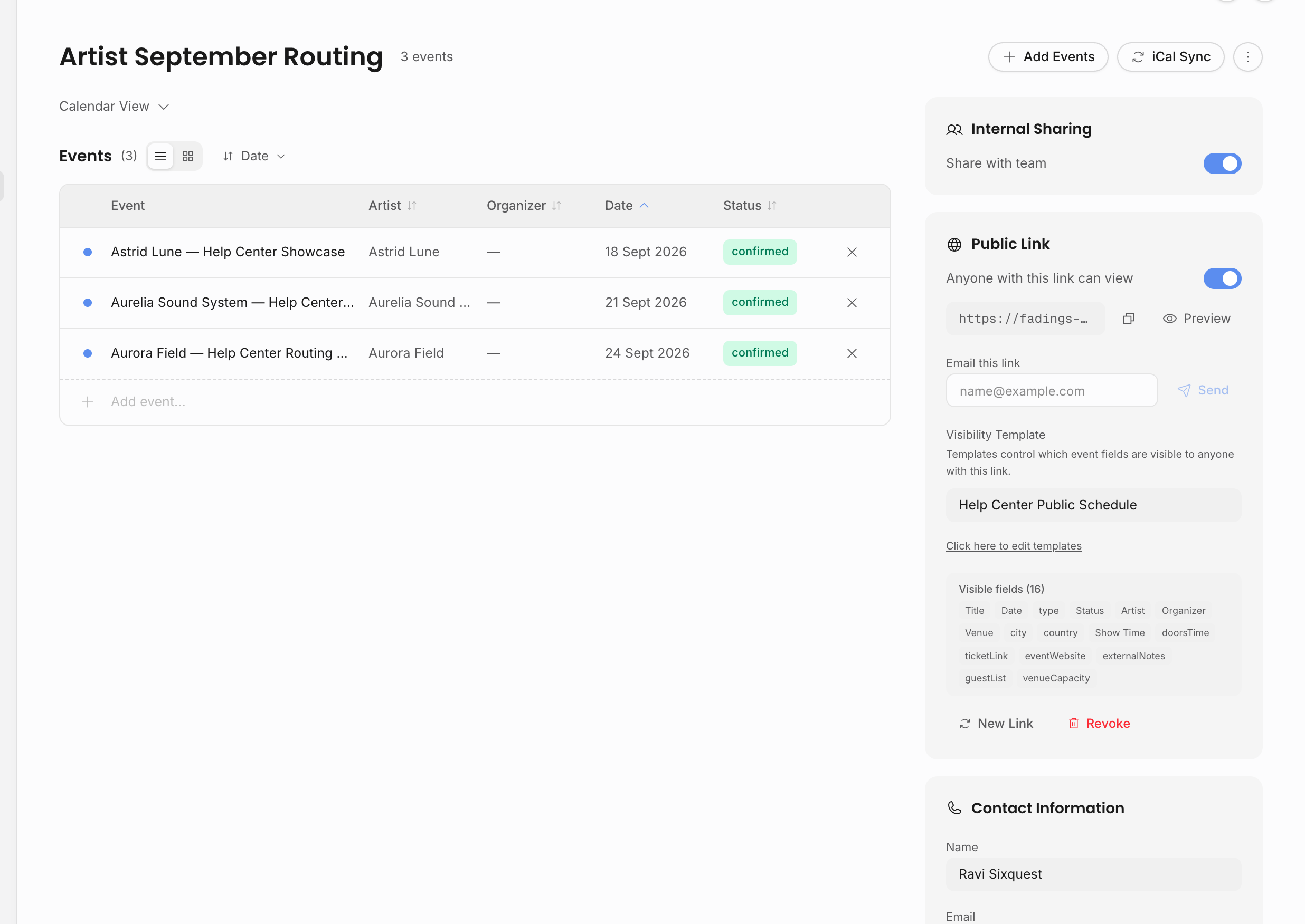Shared schedule detail page with event rows, internal sharing toggle, public link controls, visibility template, visible fields, new link, and revoke actions