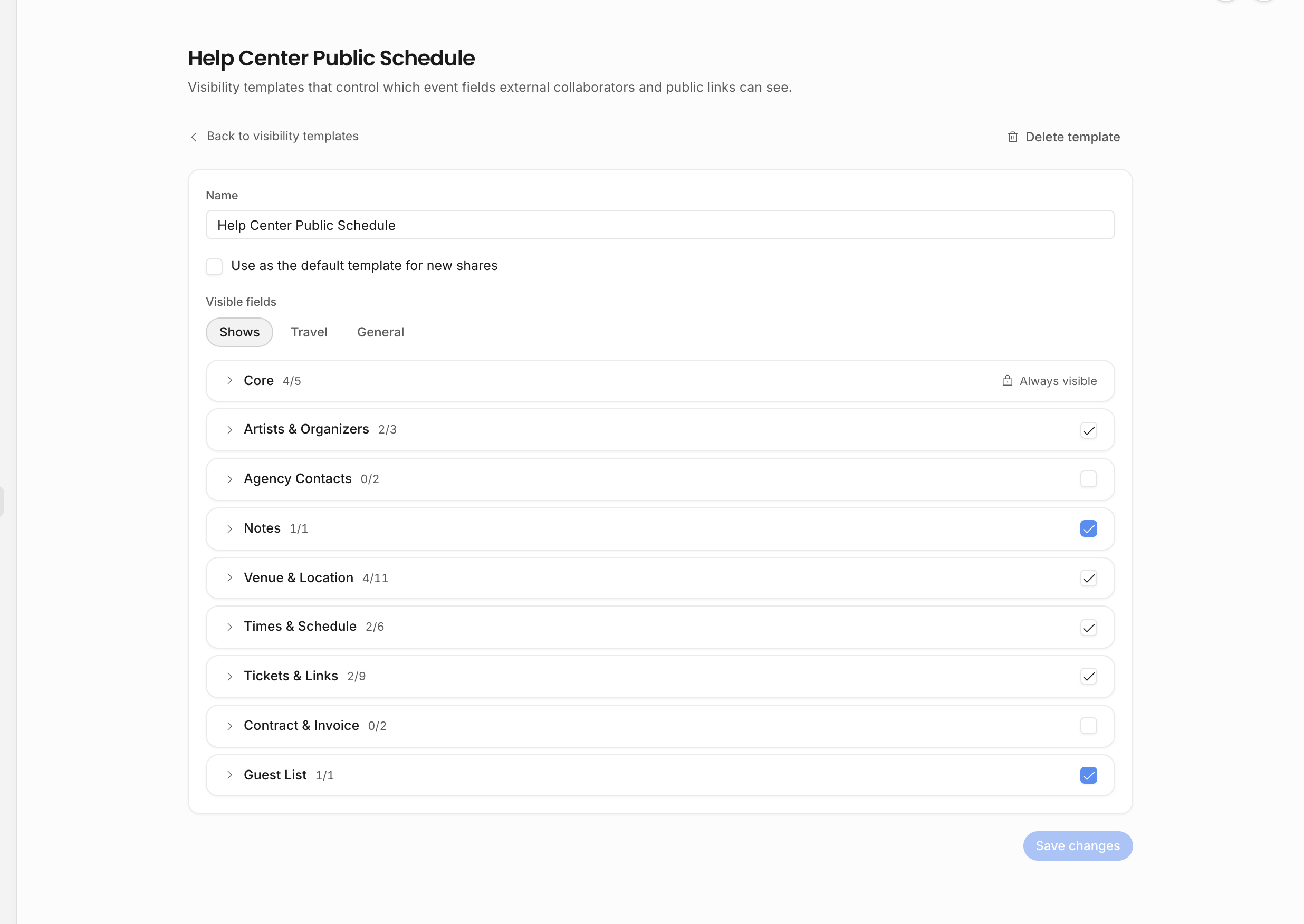 Shared schedule visibility template editor with field groups for shows, travel, general events, group counts, checkboxes, and save changes