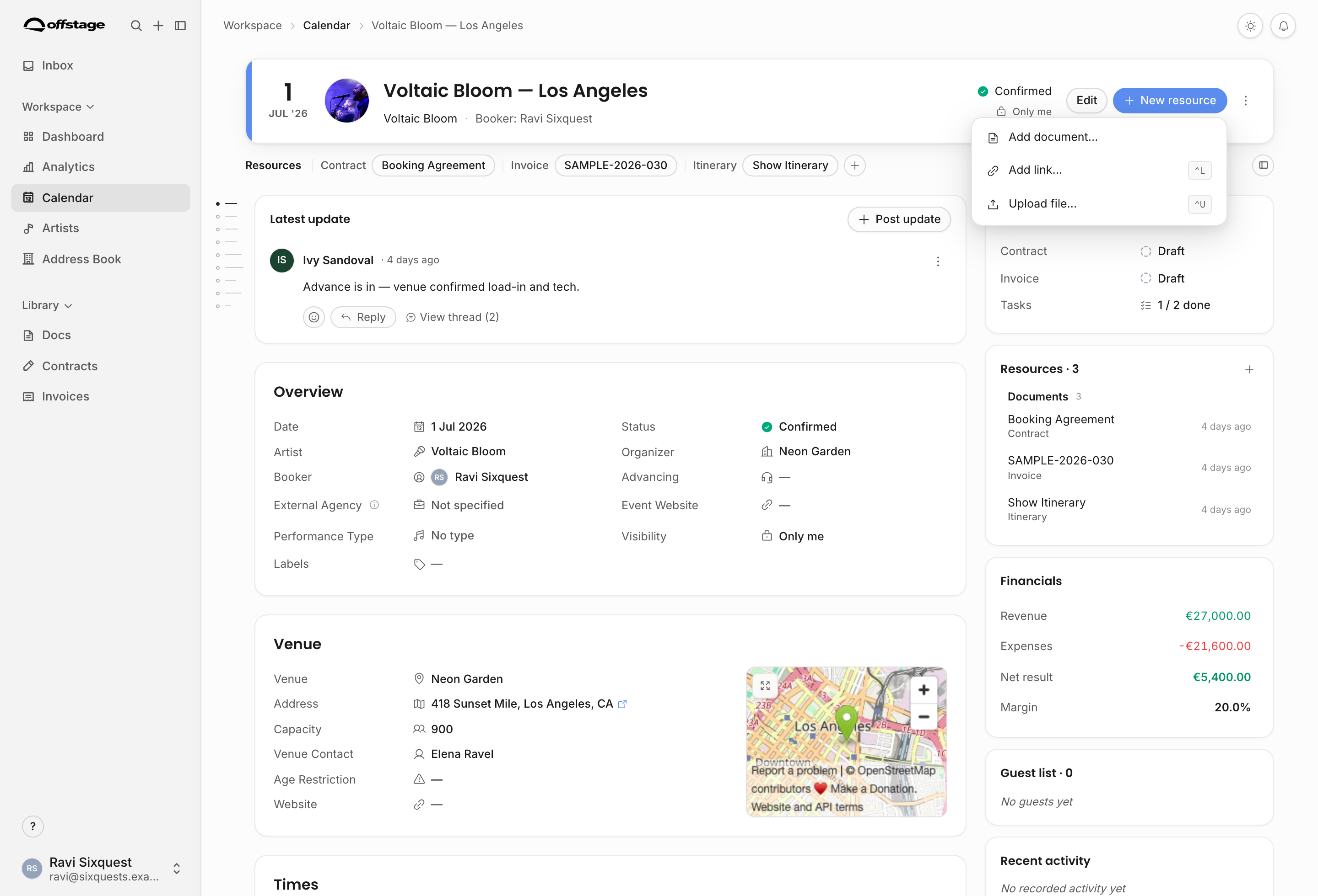 Show resource menu with document, contract, invoice, file, and link actions