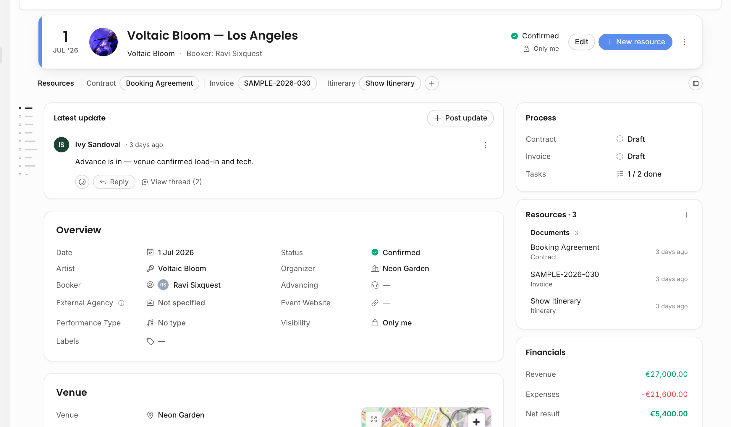 Show detail page showing header fields, resource pills, overview fields, venue information, process state, resources, and financial summary