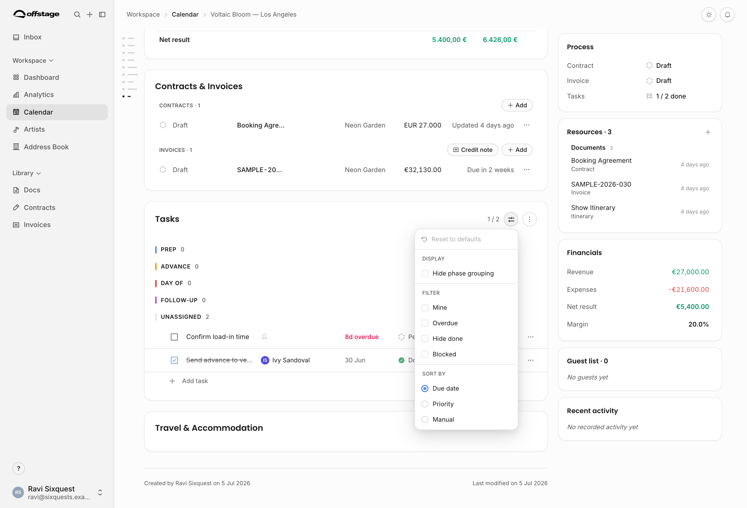 Task display options menu with phase grouping, task filters, and sort choices