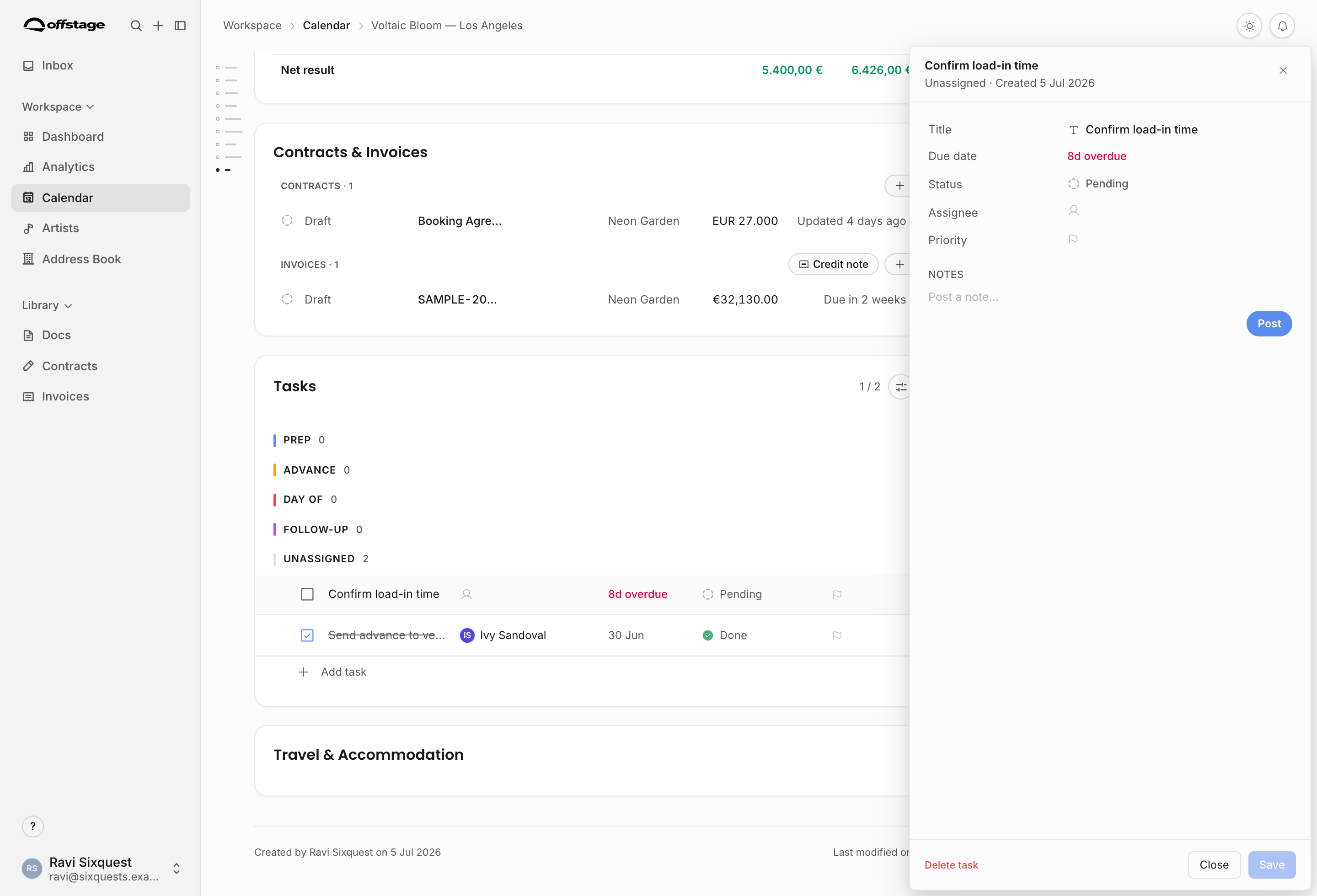 Show task side drawer with title, due date, status, assignee, priority, notes, and save actions