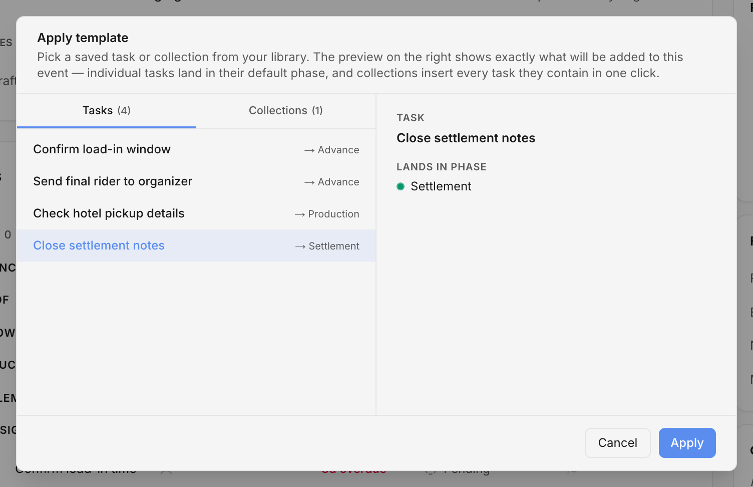 Apply template dialog with saved task templates, a task collection tab, phase destinations, preview pane, and Apply action