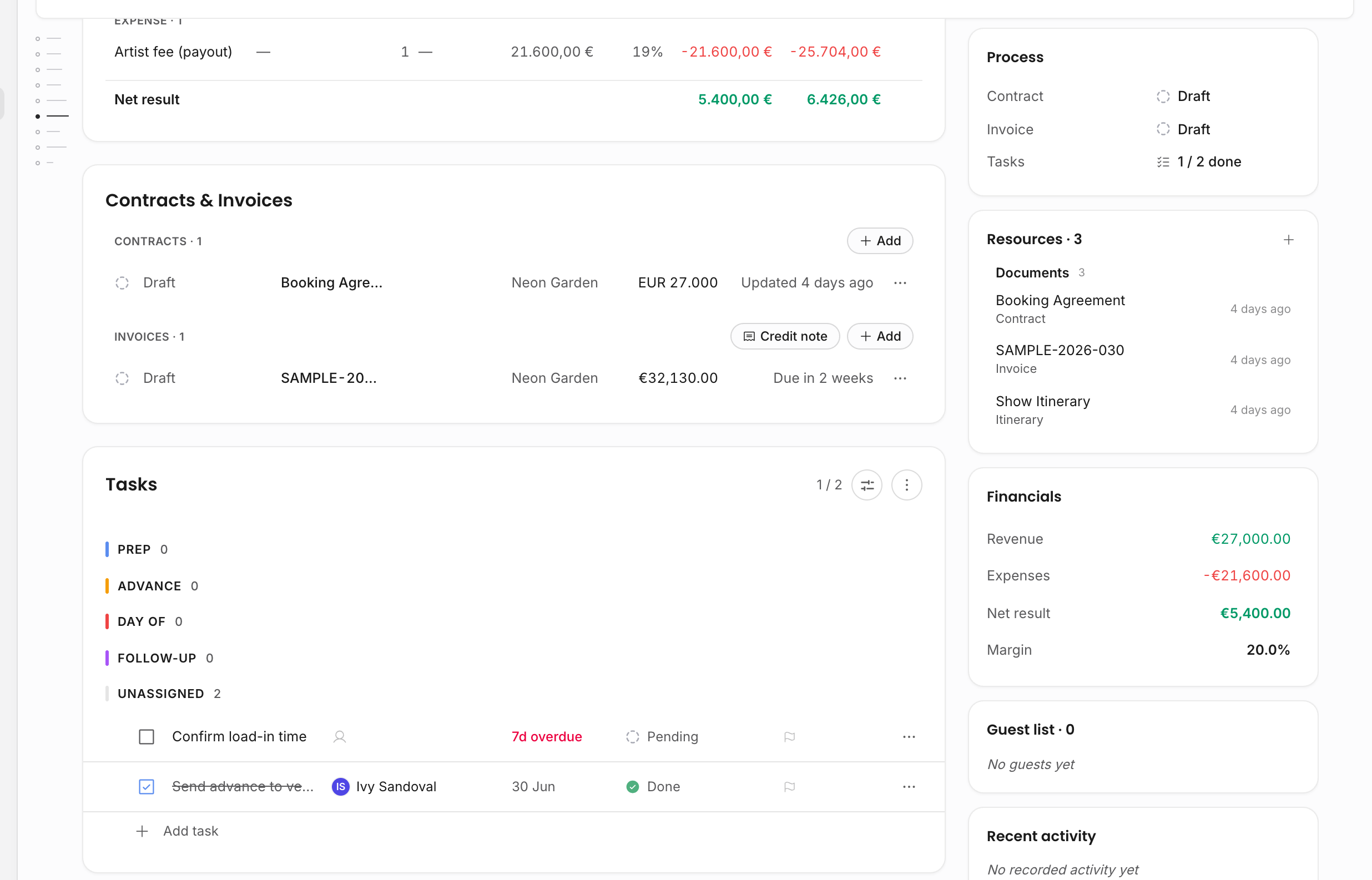 Show detail page sections for contracts, invoices, tasks, resources, process state, and financial totals