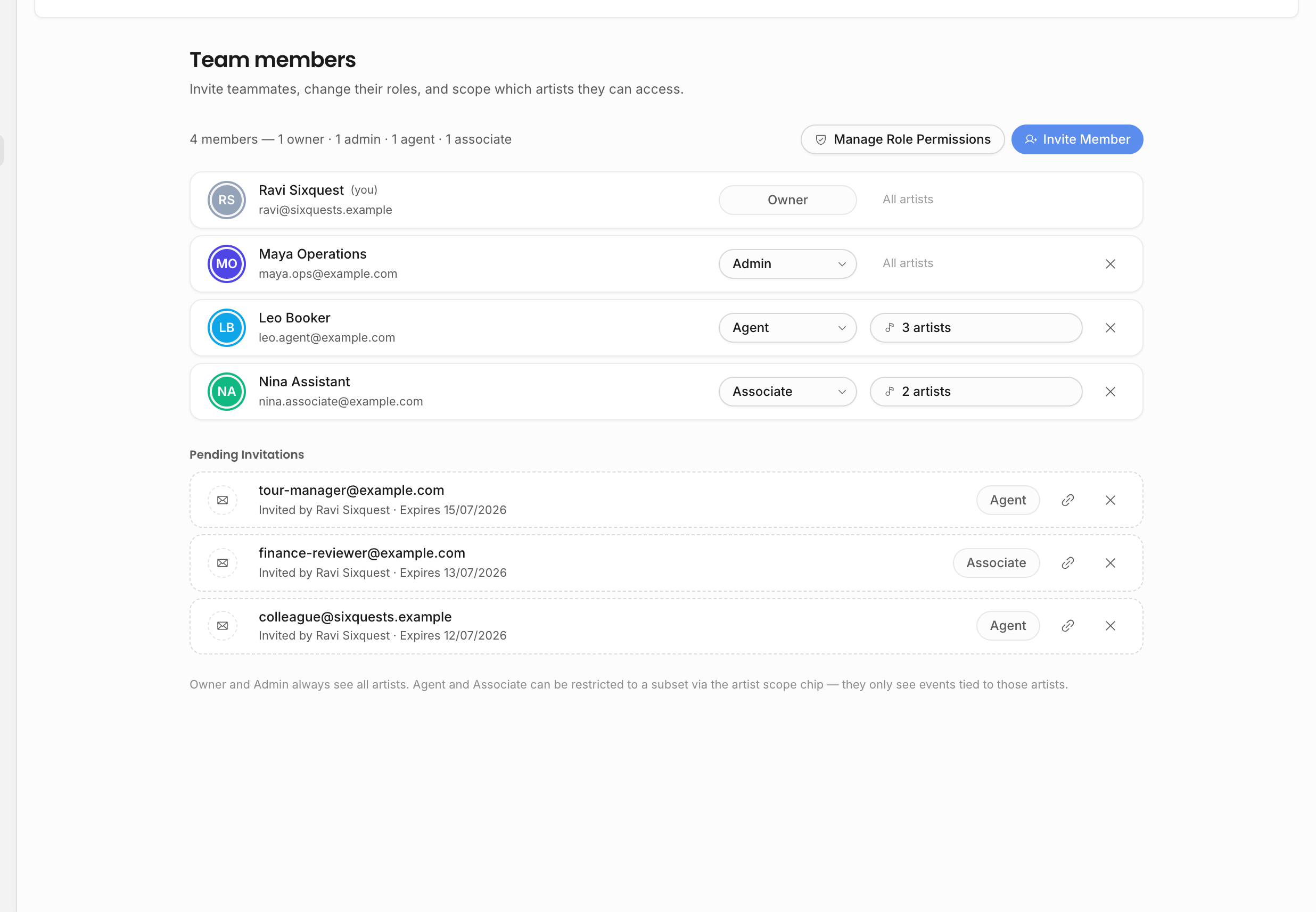 Team members settings with owner, admin, agent, associate, artist-scope chips, and pending invitations