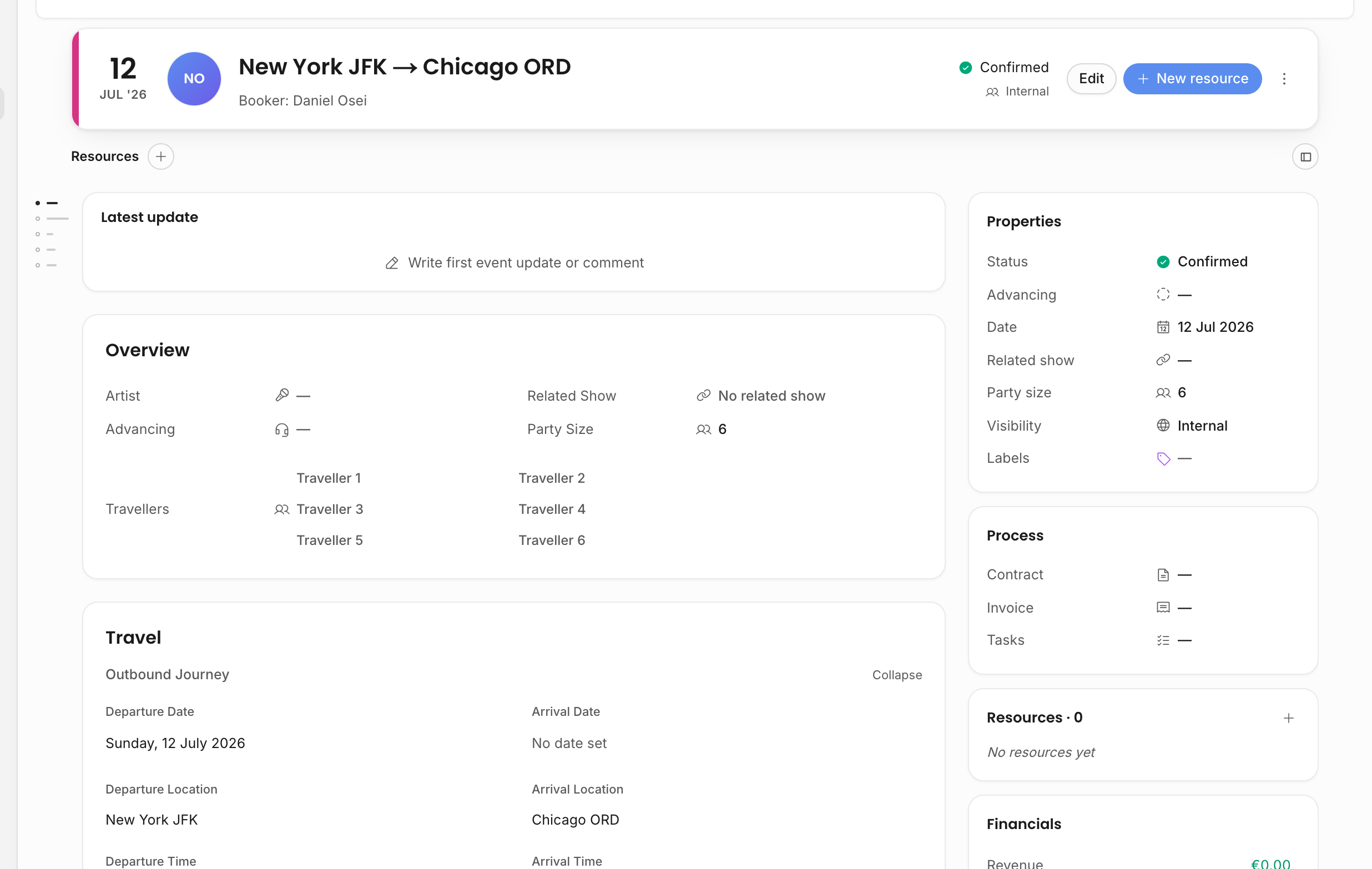 Travel event detail with departure and arrival timing information